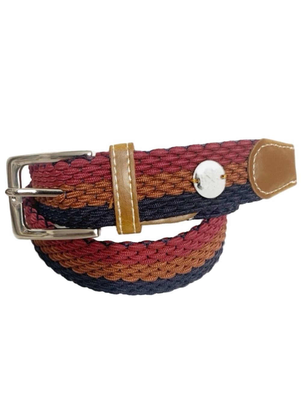 Woven Stretch Striped Braided Elastic Web Belt Silver Tone Hardware Faux Leather